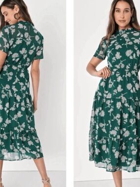 Lulu's Emerald Green Floral Tiered Midi Dress